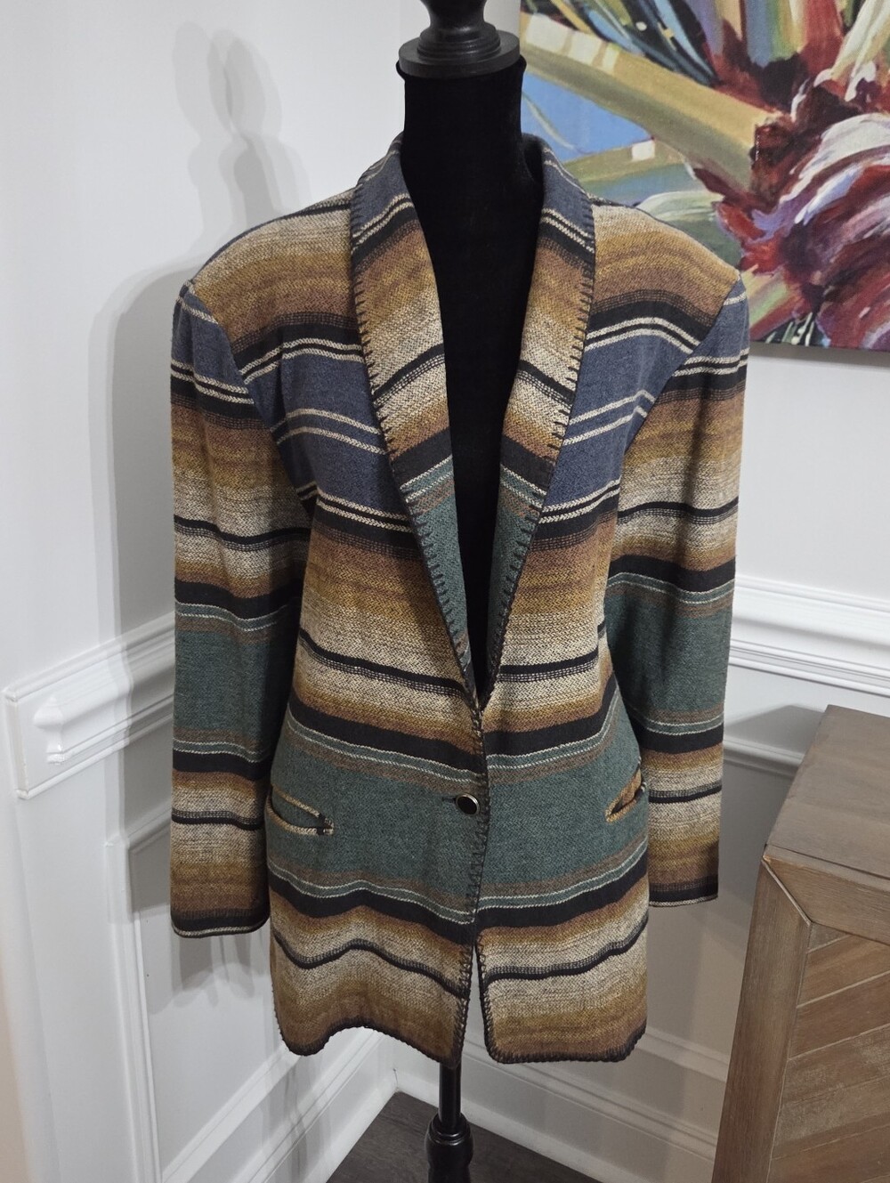 Vintage David Paul New York Southwestern Striped Blazer Jacket Blanket Stitch LG